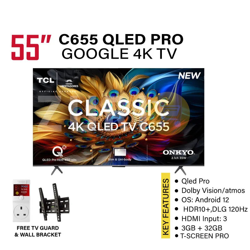 TCL 55C655 55" 4K QLED Pro Google TV with Onkyo 2.1 Sound & 120Hz Game Accelerator