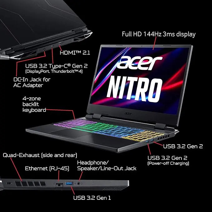 Acer Nitro 5 Gaming Laptop - Intel Core i7-12700H 12th Gen, 16GB RAM, 512GB SSD, 4GB RTX 3050 Nvidia Geforce UHD Graphics, 15.6" Screen Acer