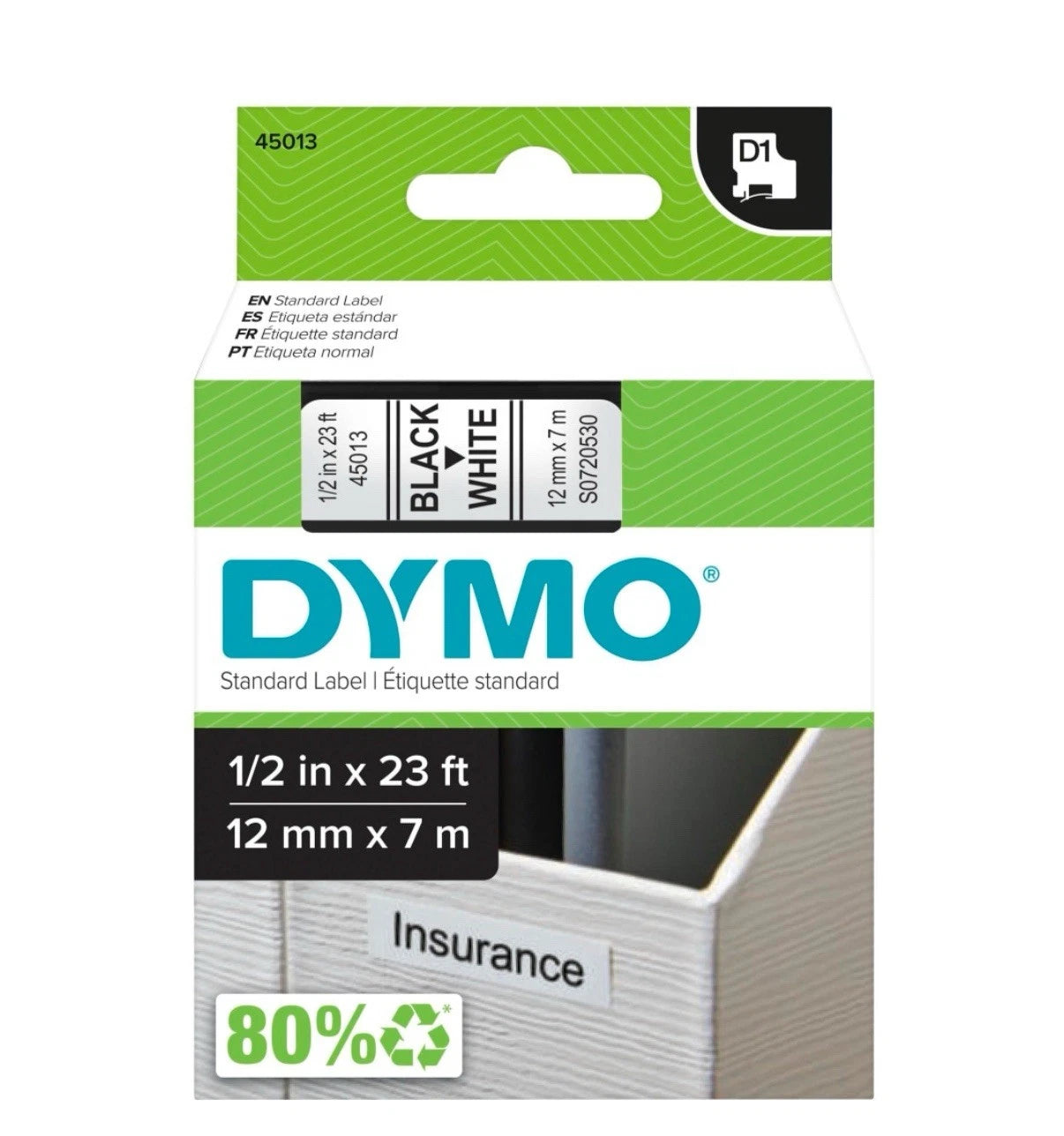 Dymo 45013 Label Tape 12mm x 7m – Black on White Durable Label Cassette