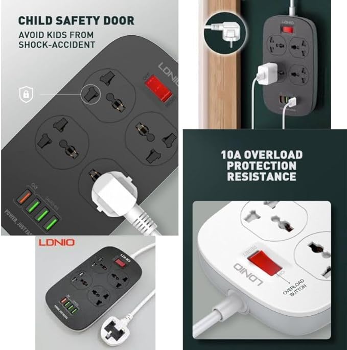 LDNIO SC4407 Power Strip | 4 Outlets + 4 USB Ports with 18W QC Fast Charging