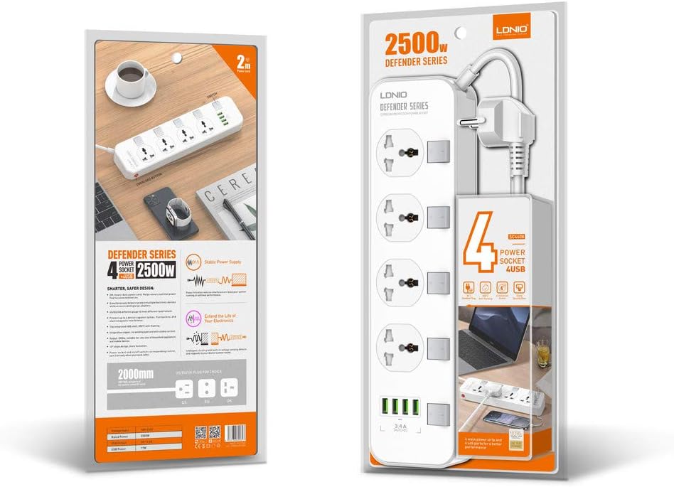 LDNIO SC4408 Power Strip | 4 Outlets with Individual Switches + 4 USB Ports