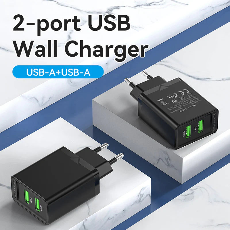 Vention Dual USB-A Wall Charger 36W (18W+18W) UK Plug – Fast Charging (Black)